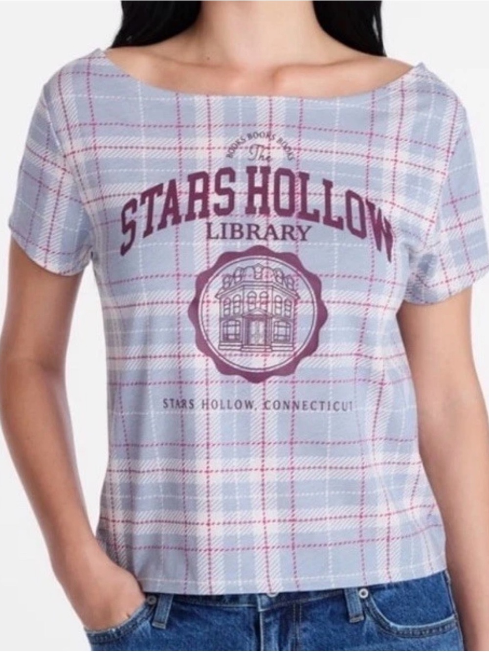 NWT Gilmore Girls Stars Hollow Library Plaid Short Sleeve Top - gray plaid L